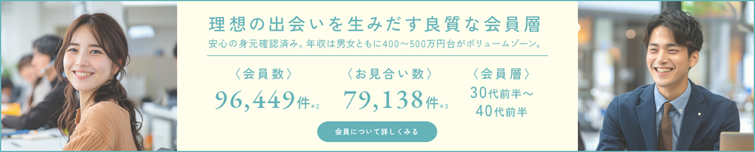 理想の出会いを生み出す良質な会員層　安心の身元確認済み。年収は男女ともに400~500万円台がリュームゾーン。