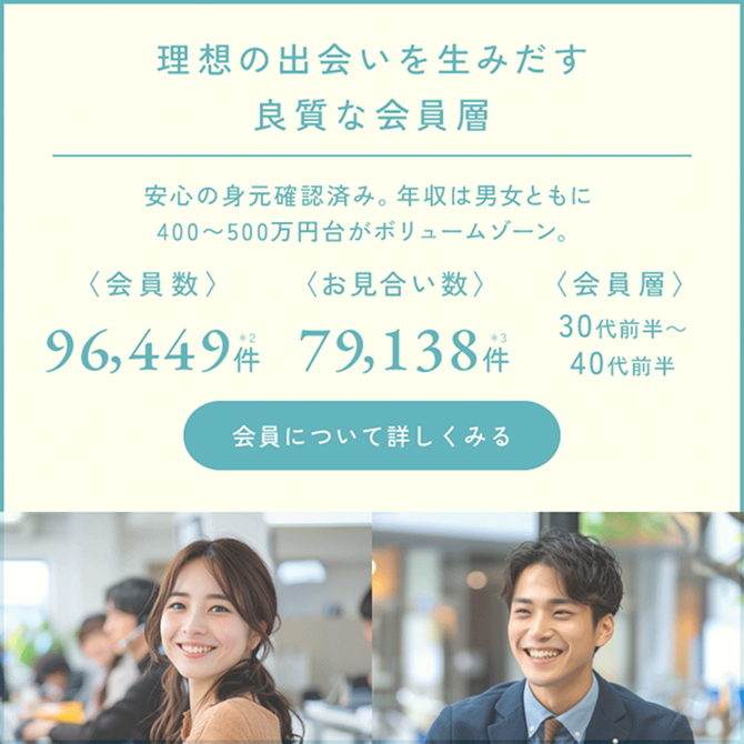 理想の出会いを生み出す良質な会員層　安心の身元確認済み。年収は男女ともに400~500万円台がリュームゾーン。
